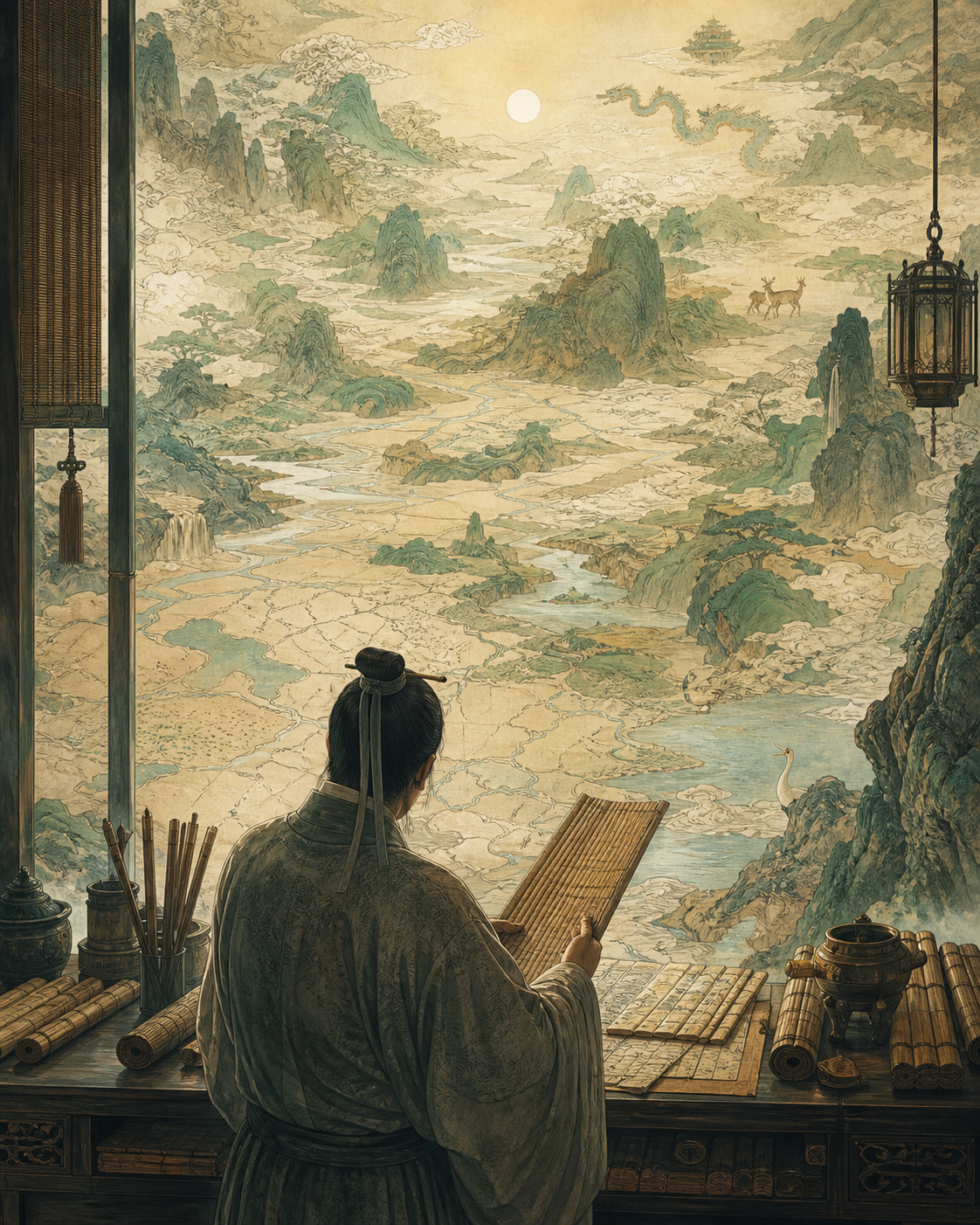 古代神话地理文本编纂者的象征性场景AI 纪念插画